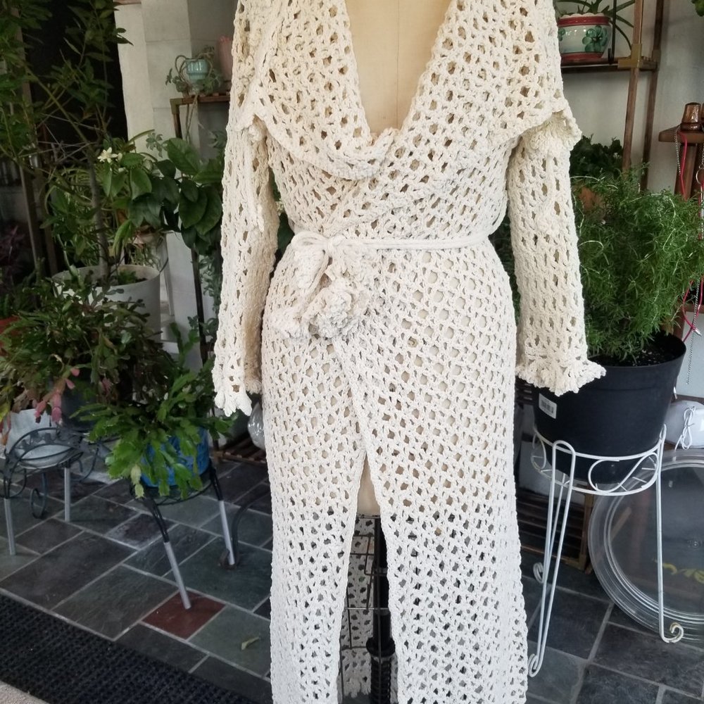 Crochet Beige Cotton Spring Summer Duster SM Handmade Chic